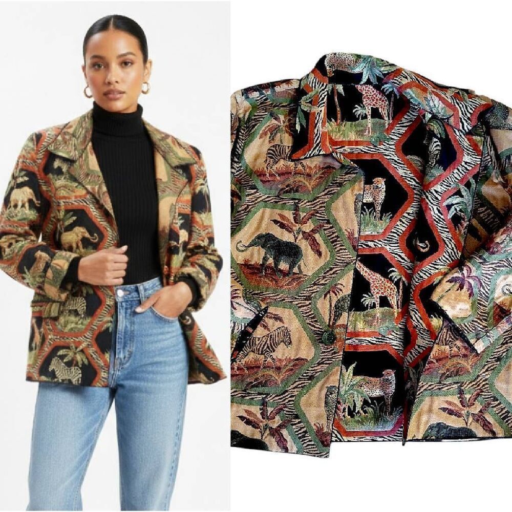 VTG 90s Handmade Reversible Safari Animal Tapestry Blazer Jacket L‎ XL Boxy